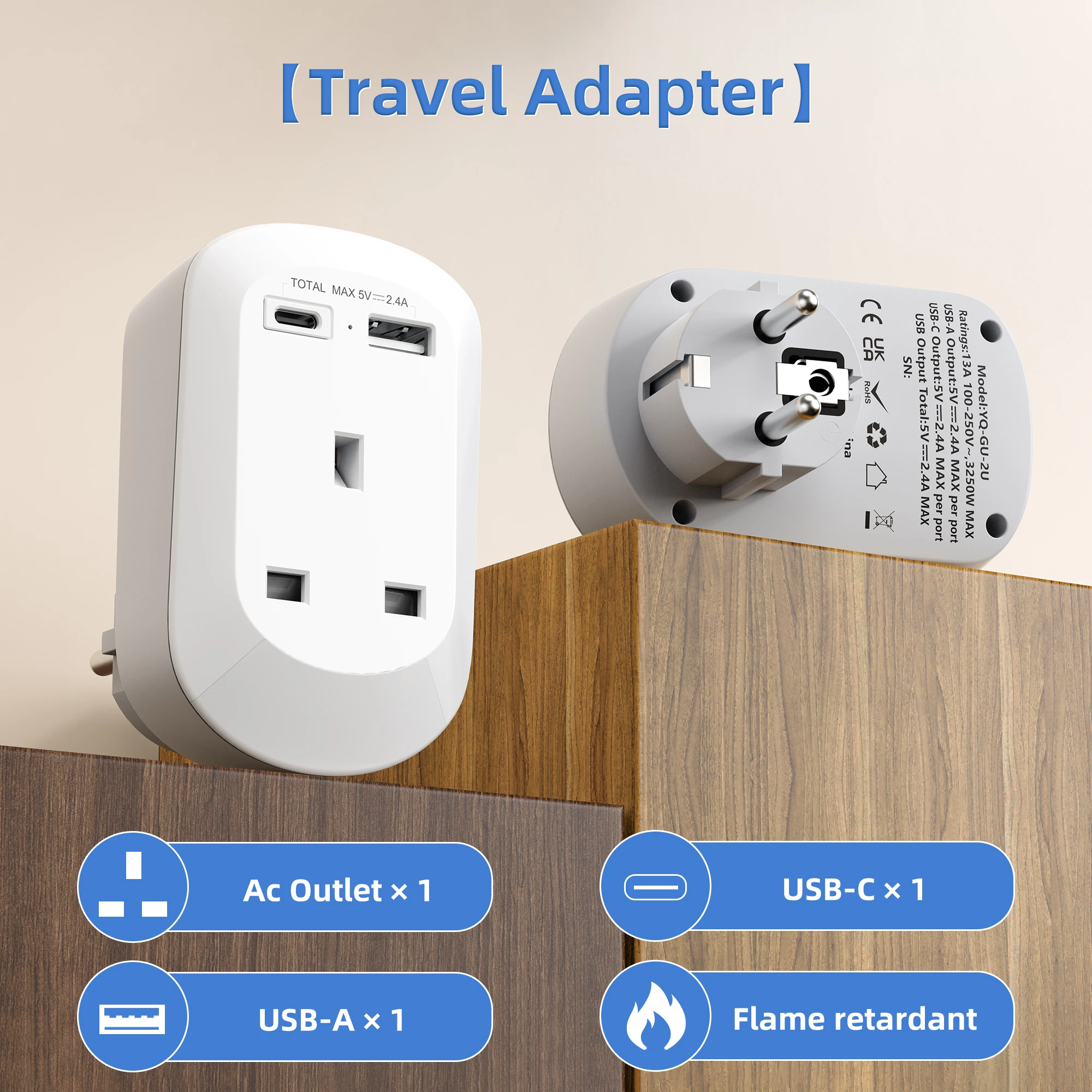 Multifunctional Travel Power Adapter, Suitable for Use When Traveling/Business Trips to Countries Such as Saudi Arabia/Uk, and Then to France, Germany, Greece, Hungary, Iceland, the Netherlands, South Korea, Norway, Poland, Portugal, Romania, Spain, Etc., Features 1 Type g Power Output Port, 1 Usb-A Output Port, 1 Usb-C Output Port, Made of Fire-Resistant Material, Supports Simultaneous Use of Multiple Devices