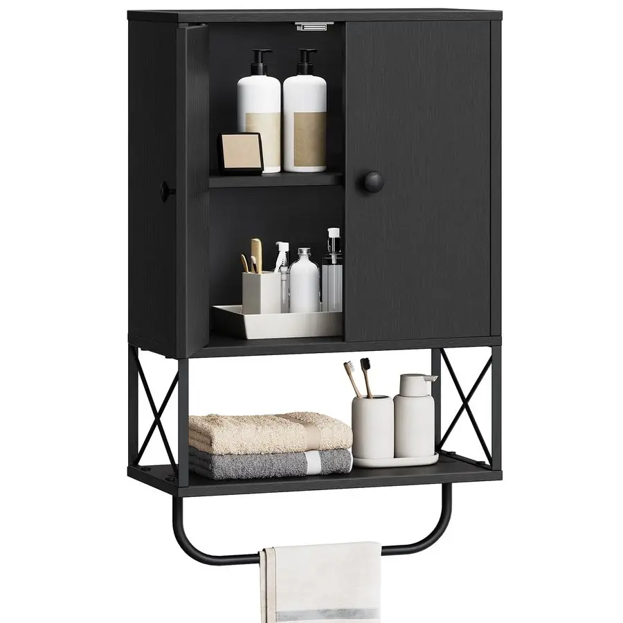 

Wall Cabinet with 2 Door and Adjustable Shelf, Farmhouse Medicine Cabinet with Towel Rack, 3Tier Wall Mounted Storage Cabinet Ov