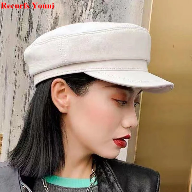 Leather Women Hat White Hat For Women Men\'s Casual Flat Top Genuine Sheepskin Gorras Korean Simplicity Short Brim Student Caps