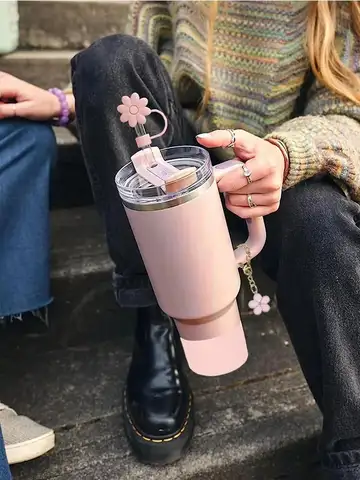 9pcs Accessories Set 3 Spill Proof Stopper Flowers Straw Cover Boot 2 Straw and Brush and 1 Flower Charm Chain for Stanley Cup