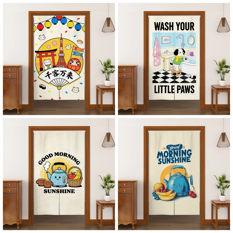 Cute Cartoon Noren Door Curtains Japanese Lucky Cat Linen Doorway Curtains Home Kitchen Bathroom Decor Room Split Half Curtains