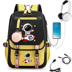 Astronaut Print Schoolbag College Students Bookbag Black Pink School Bags Usb Charging Backpacks Teenager Girls Backpack Mochila