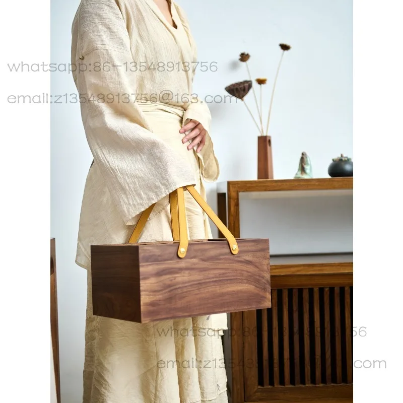 Rolling shutter door hand basket North American black walnut log portable picnic box tableware multi-functional tea set box