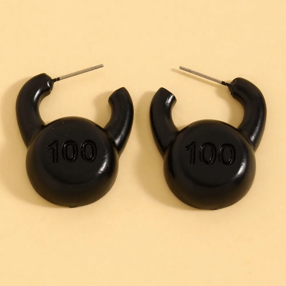 Creative Kettlebell Dumbbell Shape Stud Earrings Funny Sports Theme Black 3D Stereo Statement Earrings for Women Party Jewelry