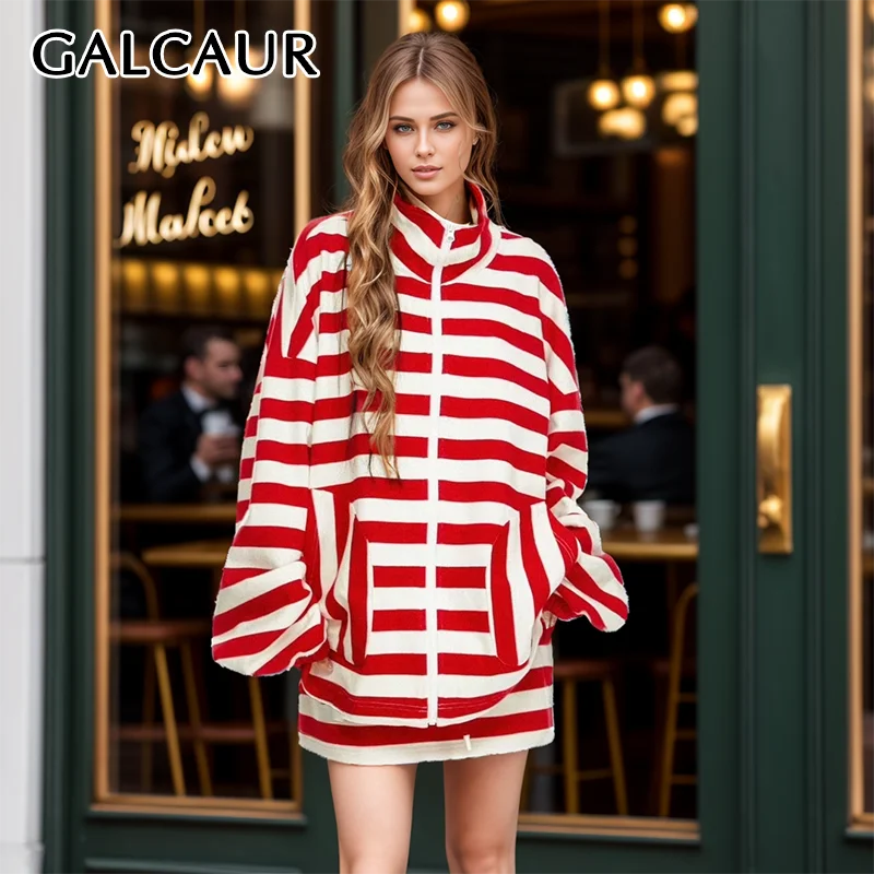 

GALCAUR Striped Women Two Piece Sets Lapel Long Sleeve Spliced Zipper Oversize Coat High Waist Mini Skirt Colorblock Set Female