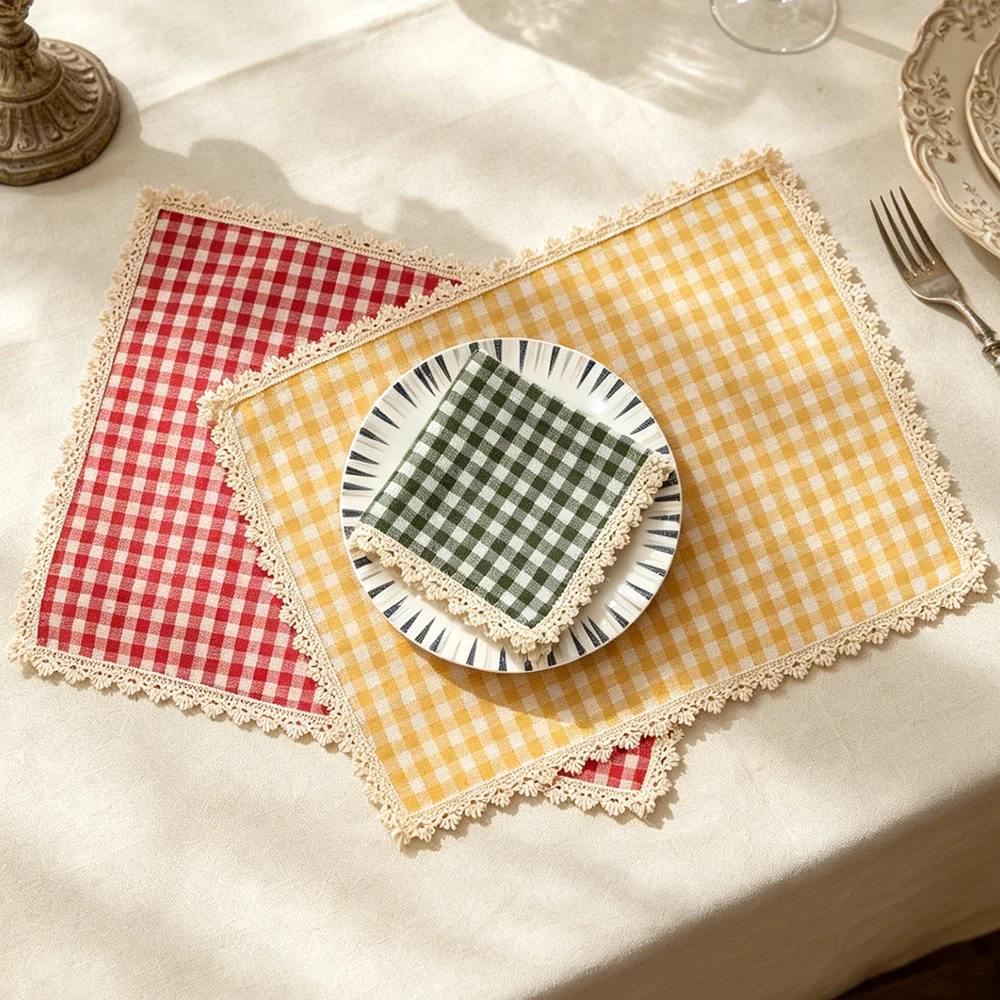 BUYNOW 4PCS Gingham Lace Trim Placemats Set Dining Vintage Style Table Mats Coasters for Modern Kitchen Durable Restaurant Decor