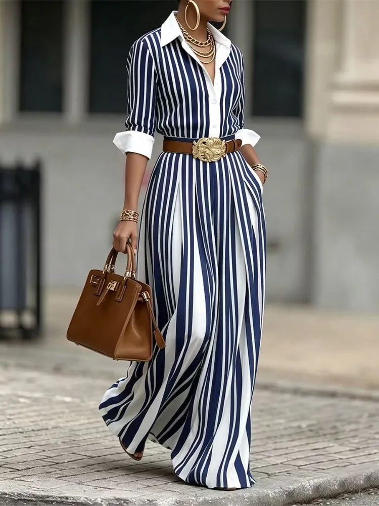 Yeezzi Damen-Hemdkleid mit kontrastfarbenen Streifen und Revers, halbe Ärmel, hohe Taille, elegantes, lässiges Büro-Maxikleid ohne Gürtel – Detail 8
