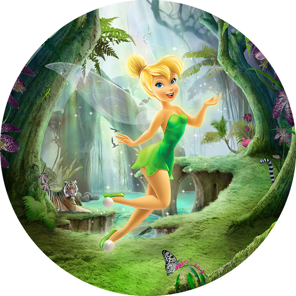 Fairy Princess Round Backdrop Cover Tinker Bell Birthday Party Green Background Tinkerbell Theme Party Cake Table Decoration