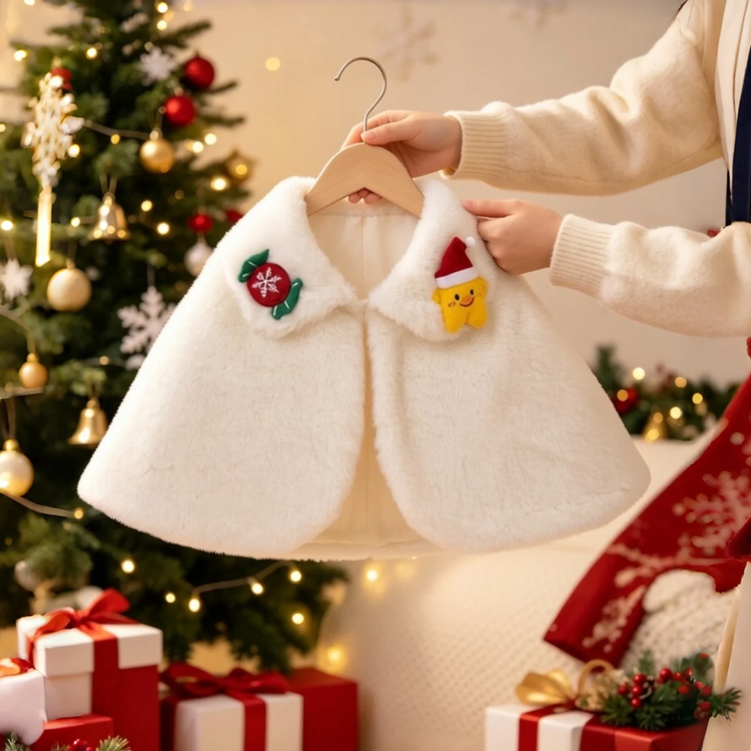 6 Months-3 Years Winter Christmas Cute Baby Girl Fleece Shawl Coat Baby Warm And Thick Collar Top Daily Outdoor Holiday Clothing