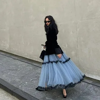 Women's Polka Dot Tulle Maxi Skirt, High Waist Ruffle Tiered A-Line Long Skirt, Elegant Vintage Party Wear