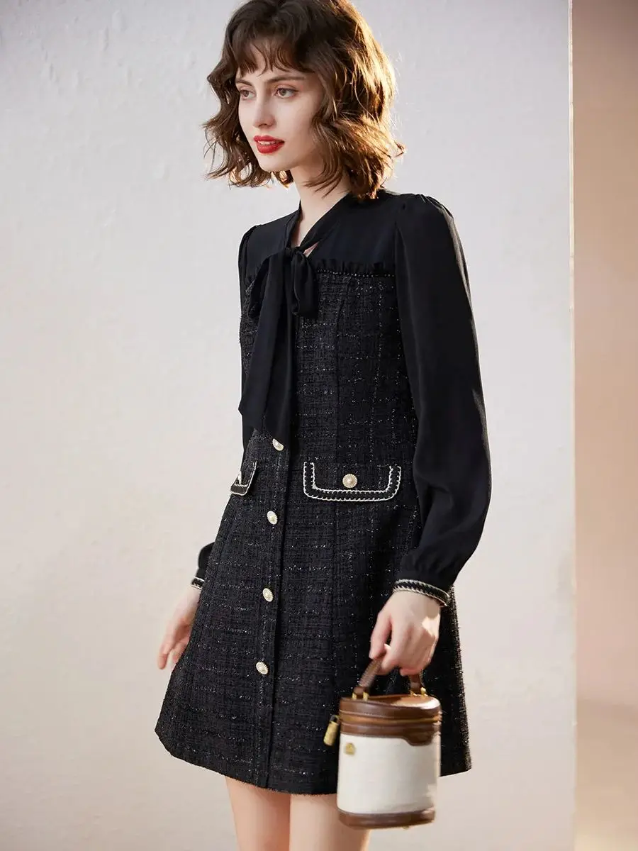 LOUIS YAO Women Dress 2024 New Arrival Elegant Bow Lace-up Long Sleeve V Neck A-line Office Lady Short Women\'s Dressce Lady