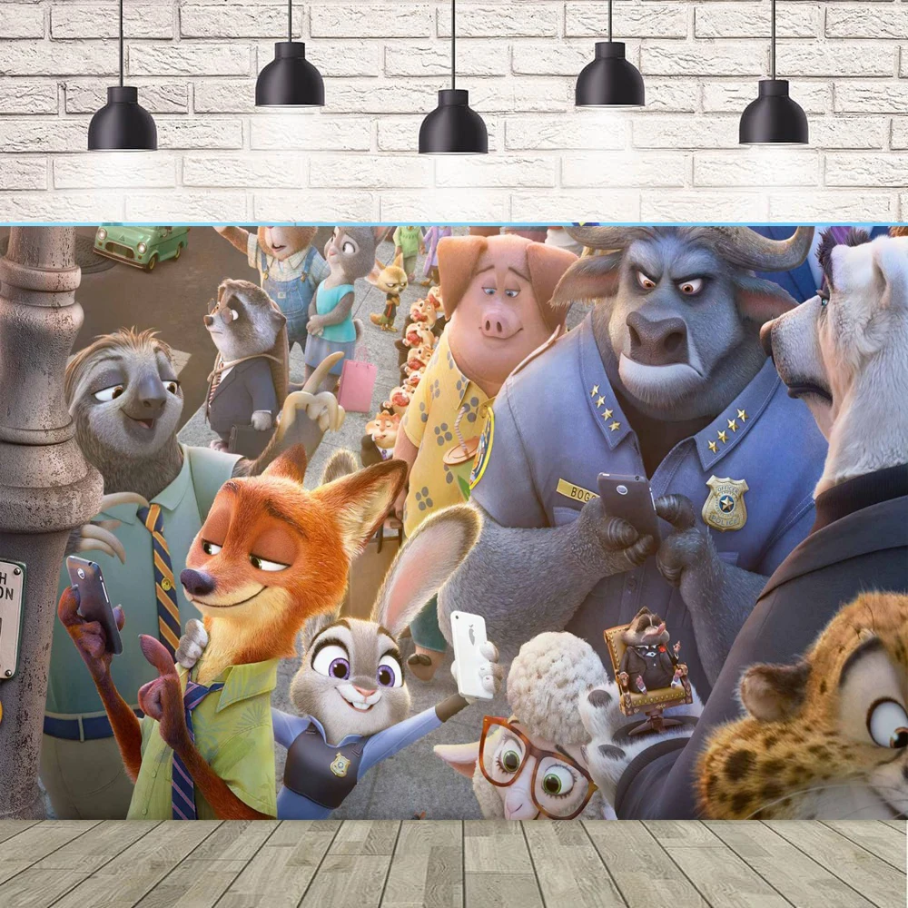 写真撮影の背景ジュディとニックアーチカバーズートピアバナー子供の誕生日パーティーの背景部屋の装飾はカスタマイズすることができます