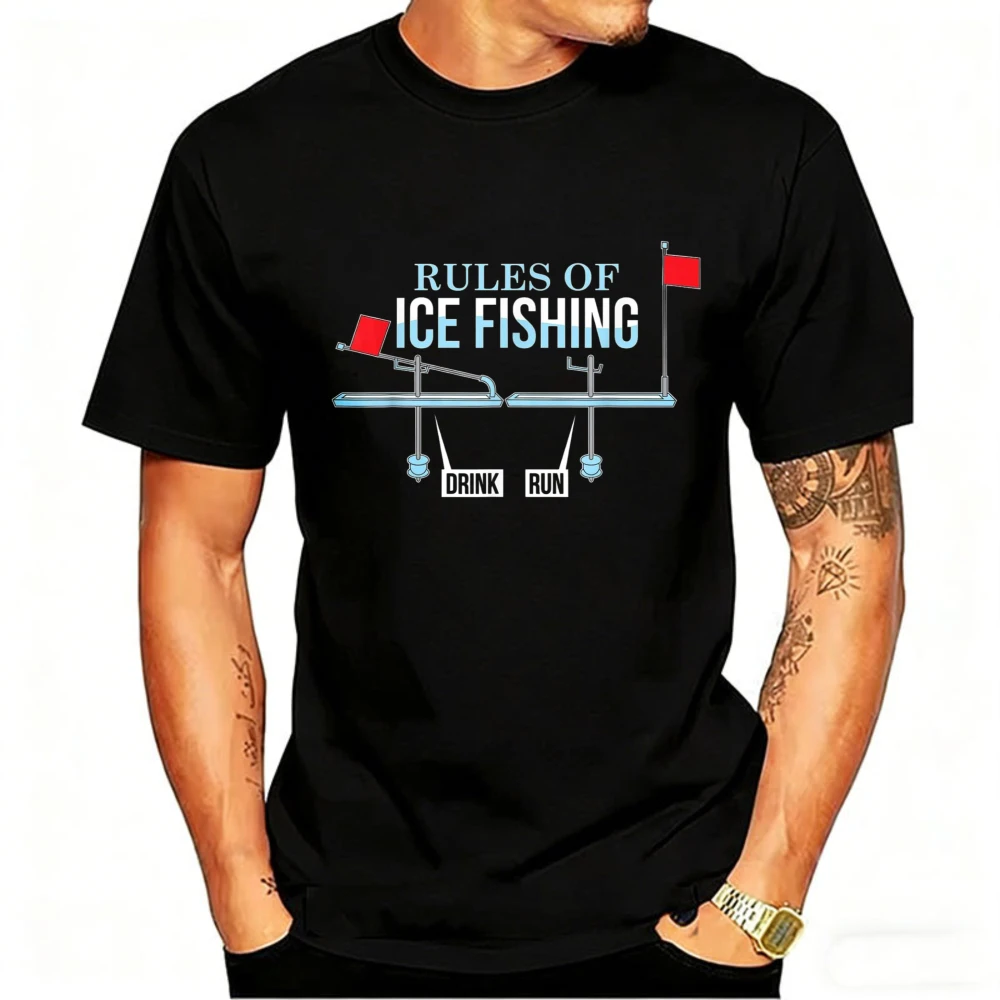 Ice Fishing T-Shirt Men Rules of Ice Fishing Funny Graphic Tee Short Sleeve Crew Neck Red Flag Tackle Drink Run Game Gift Casual