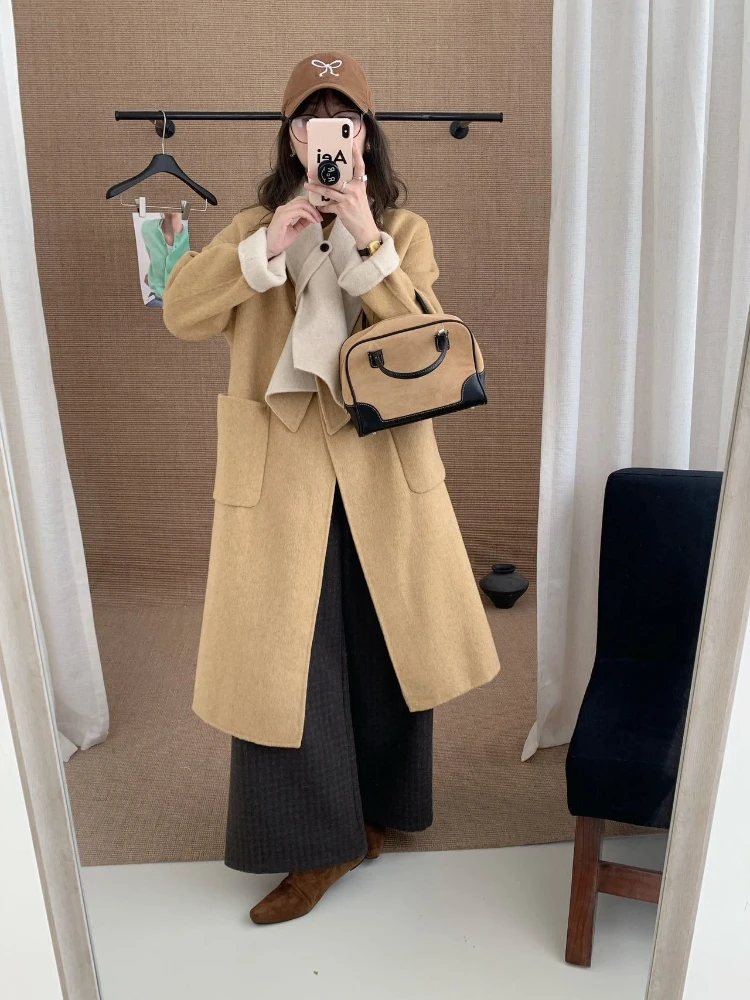 AB Double-Sided Cashmere Coat Ins Scarf Design Parkas Women Autumn Winter Long Loose Thicken Warm Wool Overcoat Outwear 2025 New