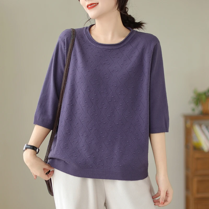 

Autumn Fashion Women's Delicate Jacquard Knitting Sweater Female Three Quarter Sleeve Solid Color Simple Loose Pullover Slim Top