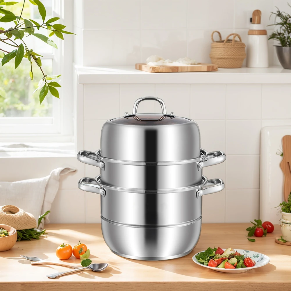 

11inch 3 Tier Stainless Steel with Lid & Handle Steamer Pot Steaming Pot Thick Food Steamer for Vegetables Seafood