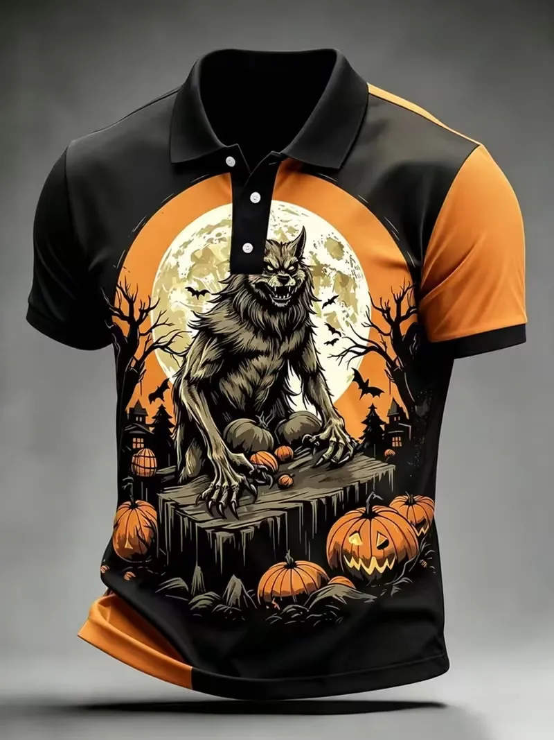 Custom Number Halloween Night Polo Shirt for men Witch Skull Haunted Castle Pumpkin design Short Sleeve Men Holiday shirt Tops