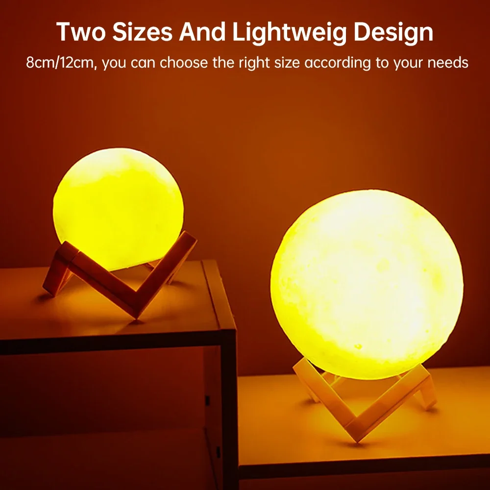 LED Night Light 3D Print Moon Lamp 8CM/12CM Battery Powered With Stand Starry Lamp 7 Color Bedroom Decor Night Lights Kids Gift