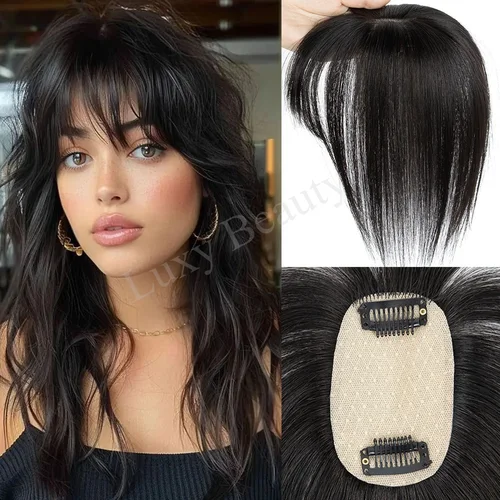 Imagen 2 del producto Adorno de cabello humano marrón con flequillo para mujer, 5x9cm, reflejos negros naturales, piel rubia, Clip para el cuero cabelludo, piezas de cabello humano