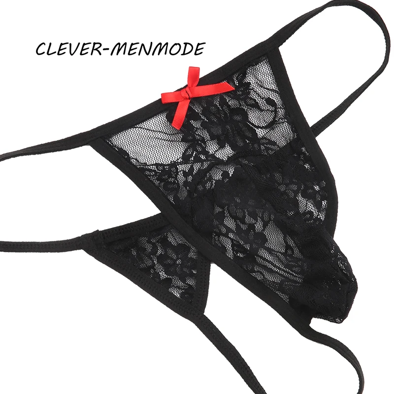 CLEVER-MENMODE Sexy Lace Thong High Fork Ultra-Thin Bow Tie See-Through Underpants G String Hollow Out Mini Male Lingerie