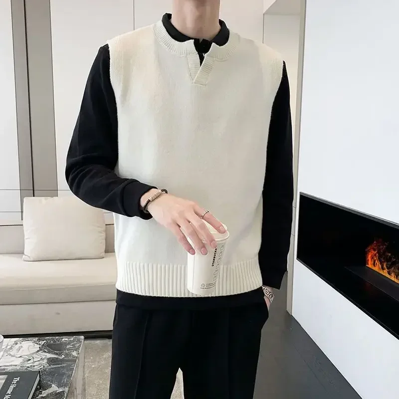 

White Man Clothes Vest Black Knitted Sweaters for Men Business Waistcoat Sleeveless V Neck Cotton Elegant S Korean Style Sheap A