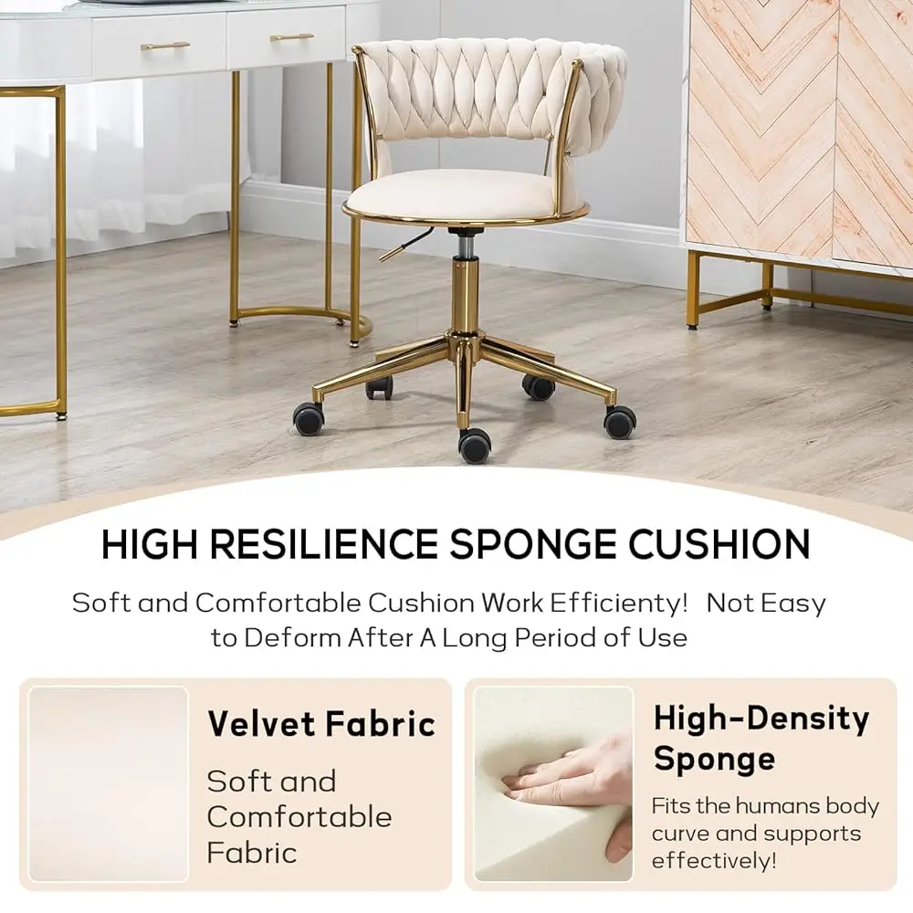 Velvet Office Desk Chair With Hand Woven Backrest, 360° Swivel & Height Adjustable Task Chairs, Makeup Chair, Living Room