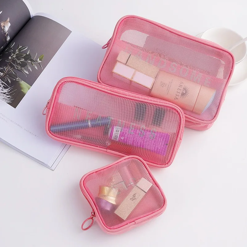 Mesh Cosmetic Bags Square Portable Travel Essentials Separation Makeup Bag Clear Charging Cable Lipstick Beauty Brush Organizer