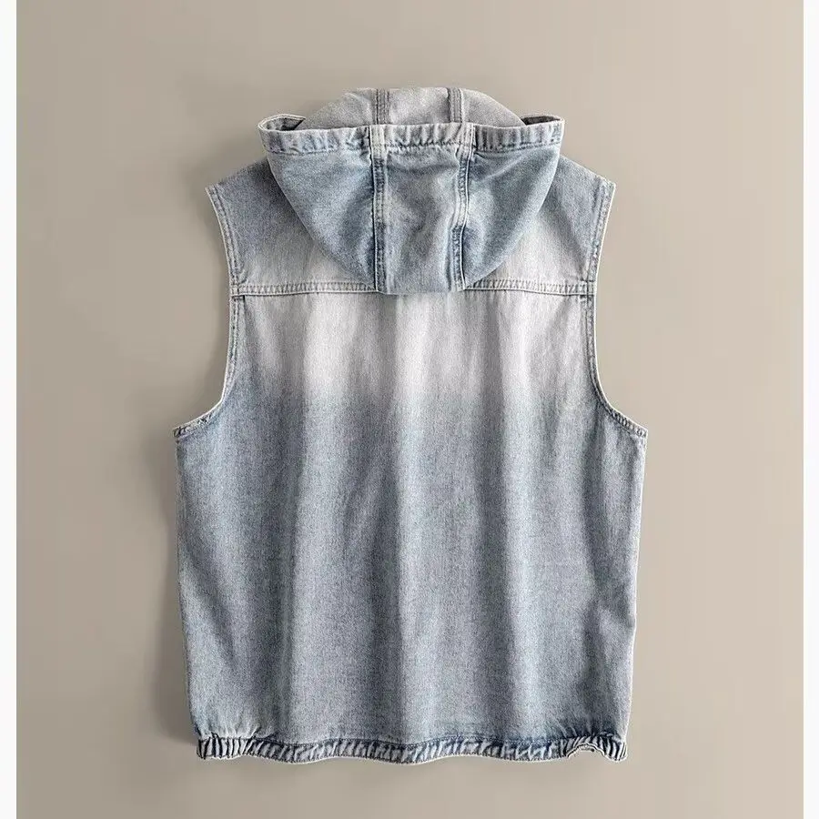 Men’s Hooded Denim Vest Vintage Washed Zip-Up Sleeveless Jacket Top Biker Workwear High Street Jens Streetwear Outerwear
