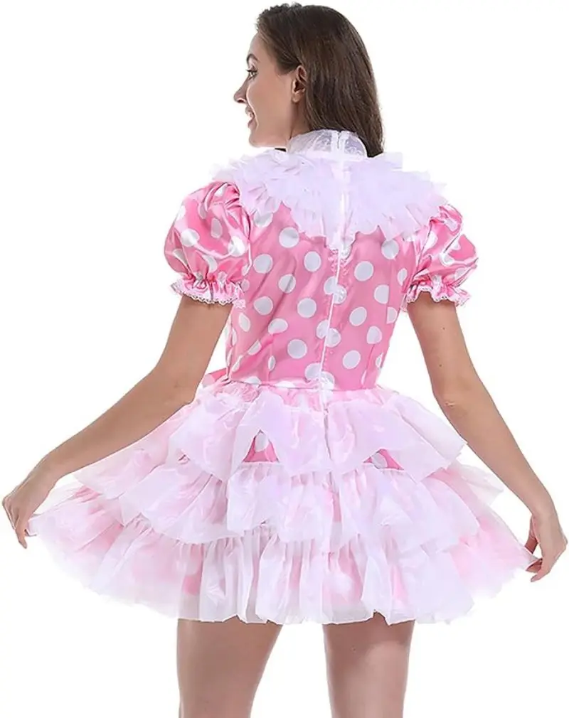 French Sexy Adult Custom Fetishist Cross Dressing Sissy Pink Smooth Cut White Polka Dot Sheer Patchwork Bubble Sleeve Dress