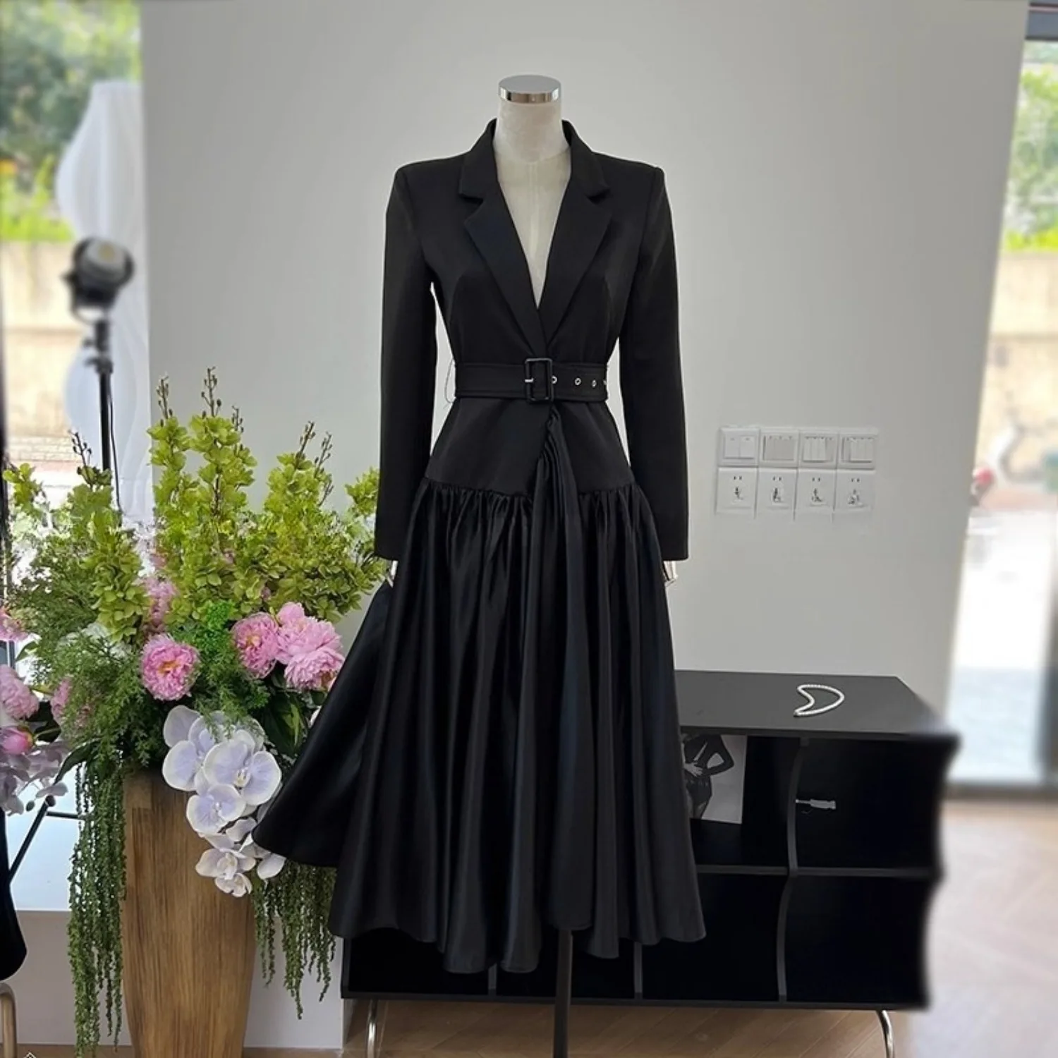 

Элегантное женское платье Bblack с нашивкой и поясом, винтажное платье с зубчатым воротником и длинными рукавами, облегающее платье с высокой талией, женская одежда