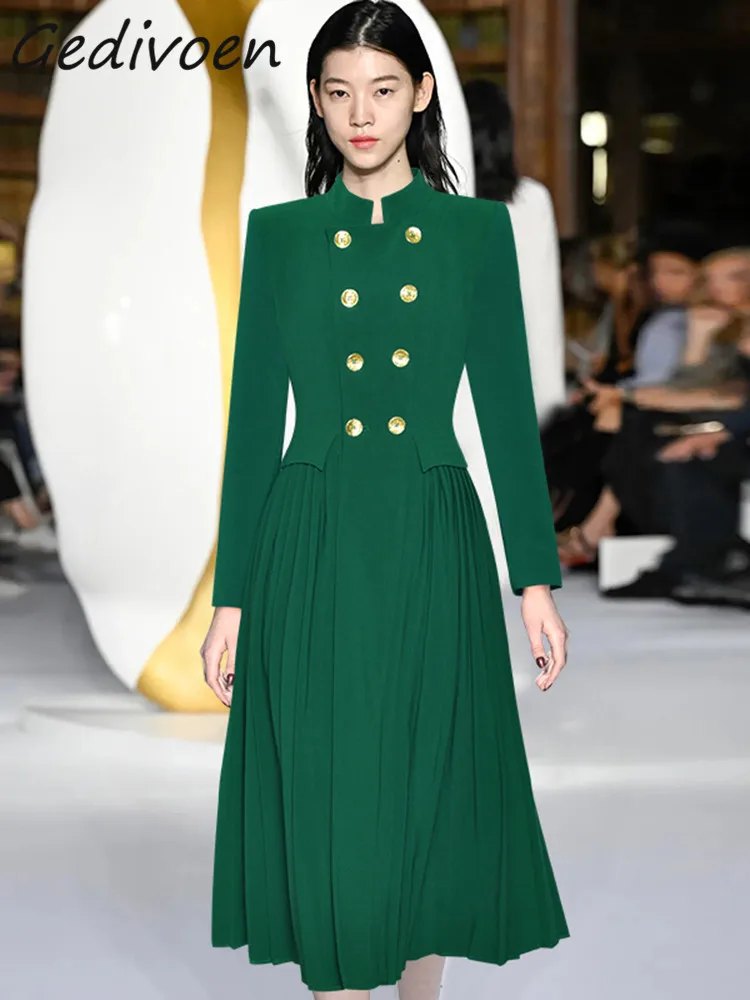 

Gedivoen Spring Fashion Designer Green Vintage Party Dress Women's Stand Collar Long Sleeve Button High Waist Slim Long Dress