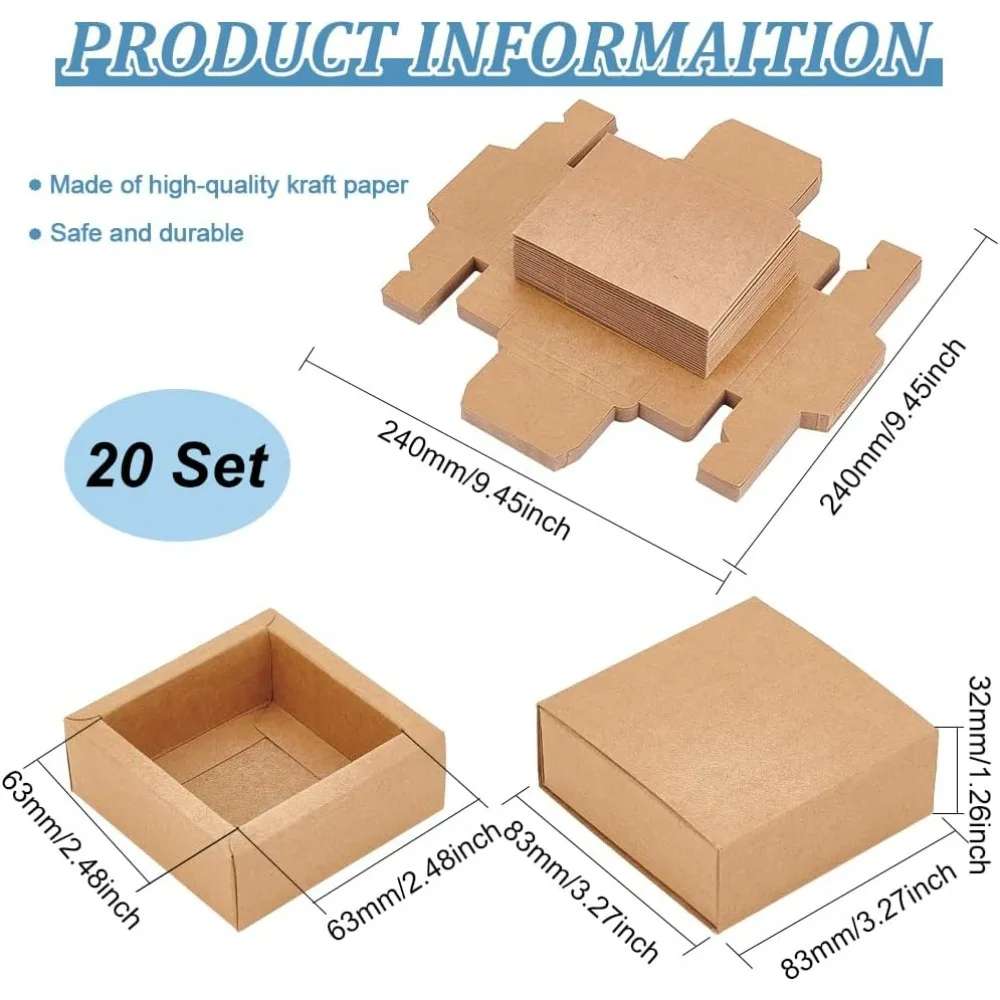 20 Pack Brown Kraft Paper Drawer Boxes 3.2x3.2x1.2 Inch Square Kraft Paper Gift Box Cookie Boxes for Wedding Party Gifts