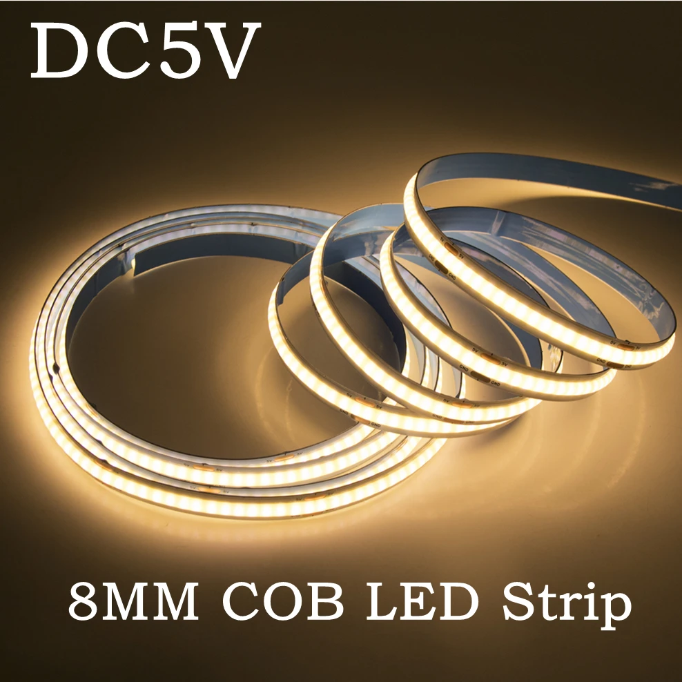 DC 5V COB LED Strip Lights 8mm 320LEDs/M Flexible LED Tape USB Plug Ribbon Linear Dimmable For Room Decoration 3000K 4000K 6000K
