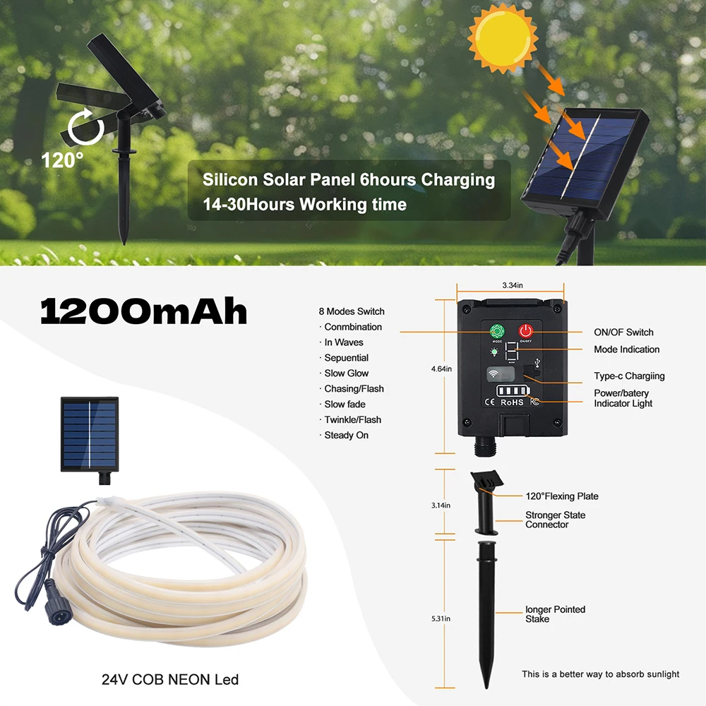 Solar Charging Dual Glow COB LED Neon Strip Light Waterproof Flex Silicone Lamp 24V 320LED Driveway Path Walkway Night Lighting