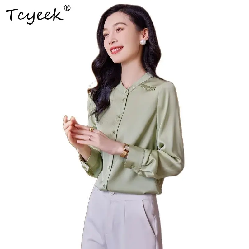 

Tcyeek, 91.2%Natural Silk Elegant Shirt, Women Long Sleeve V Neck, Temperament Office Lady OL Blouses, 2024 Autumn T46489QC