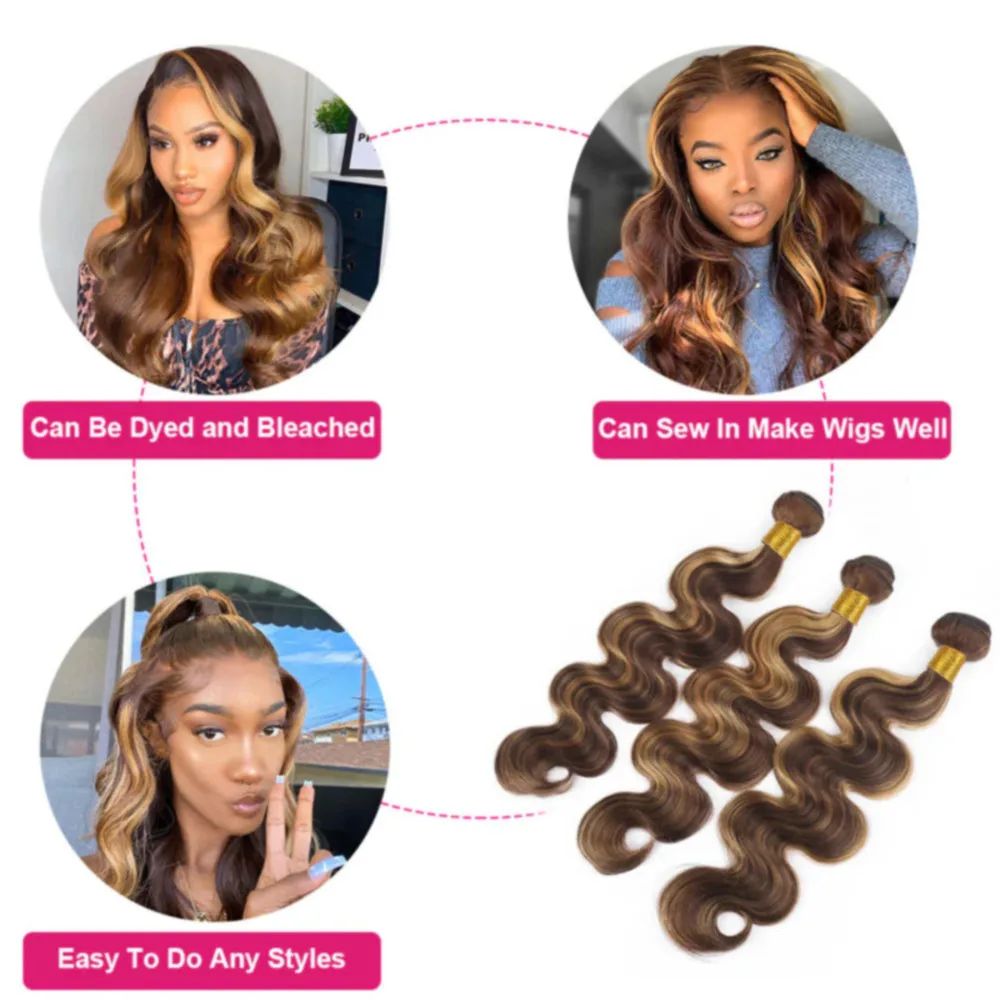 Honey Blonde Bundles Human Hair With Closure Highlight 13x4 Lace Frontal Body Wave Human Hair Bundles Extensions For Woman P4/27