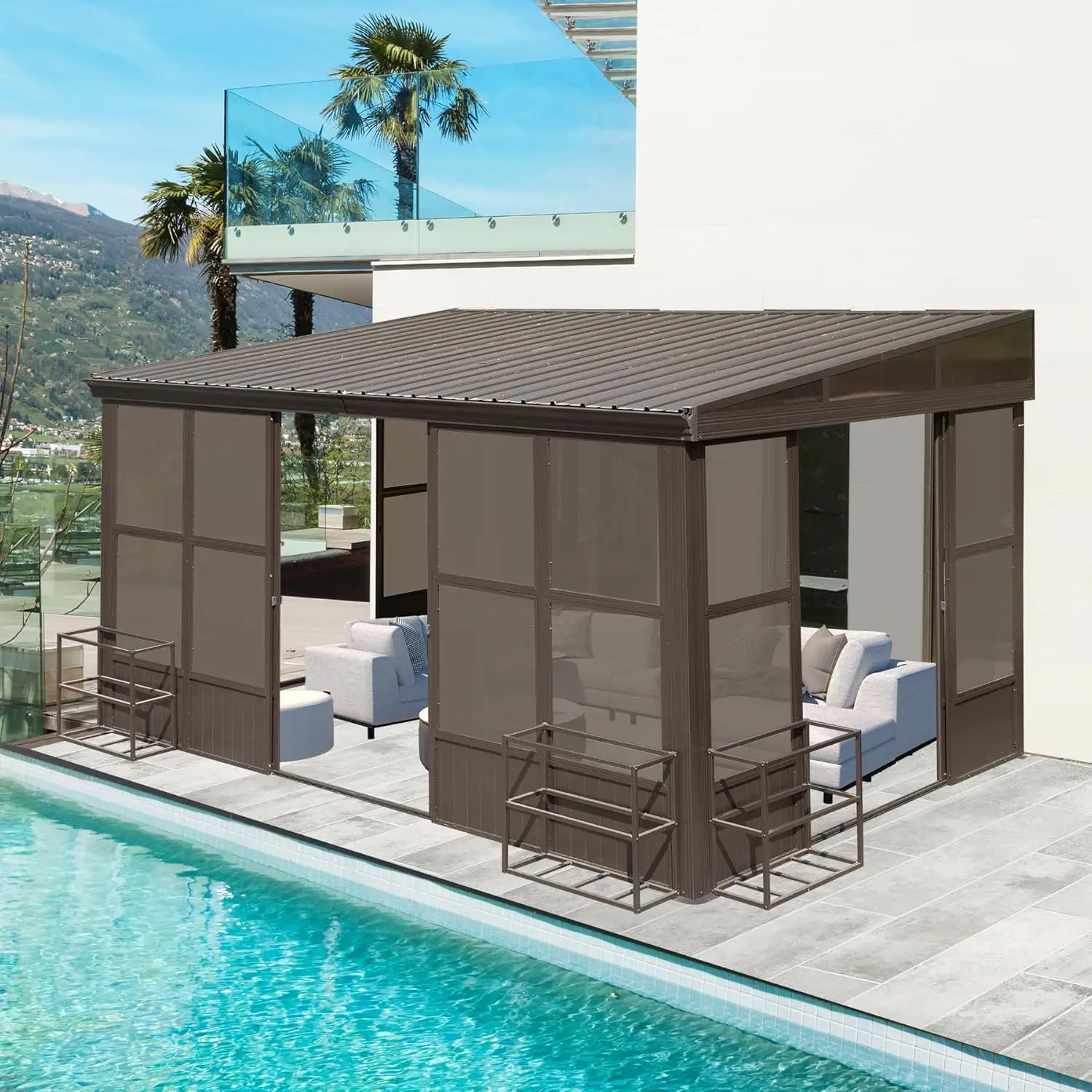 

Солнечная комната-беседка 10x14 футов с навесом, настенная, с оцинкованной стальной скатной крышей и съемными элементами