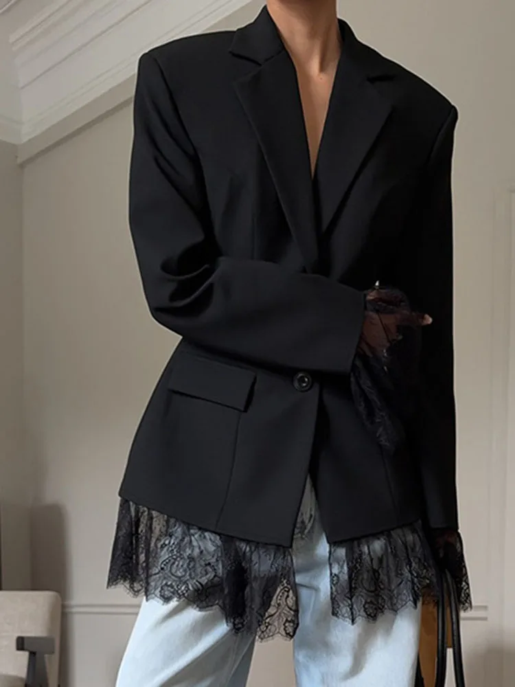 الخريف سيدة ضئيلة واحدة الصدر الدعاوى ملابس خارجية مزاجه التلبيب كم طويل سترة سوداء عادية الدانتيل تقسم تخفيف السترة