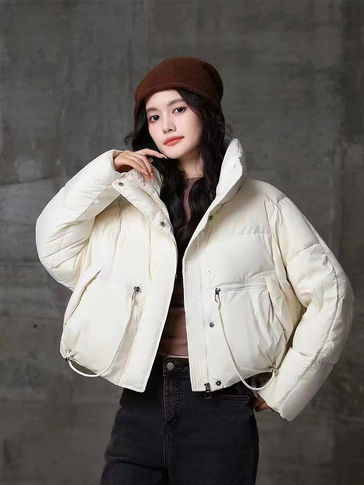 

Winter Puffer Jacket Women New Stand Collar Warm Solid Color Short Down Jacket White Duck Down Thicken Casual Loose Overcoat