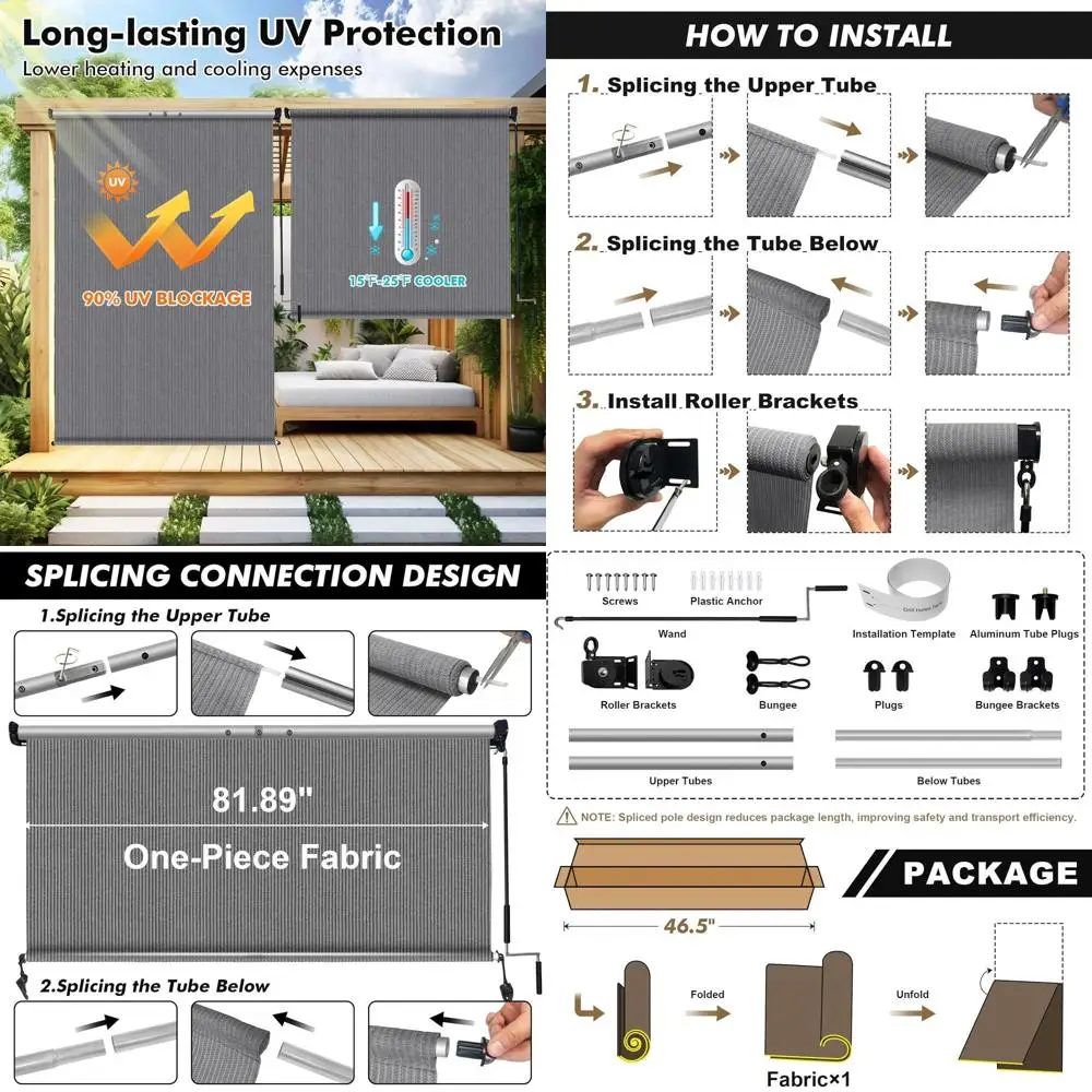 

7' Wide x 6' Tall Gray Outdoor Cordless Roller Shade for Patio with Split Pole Design