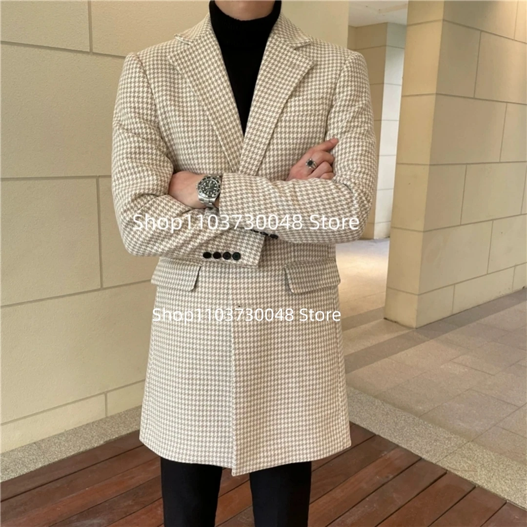 

New Beige Houndstooth Men's Blazer with Single Breasted Business Suit Jacket Peak Lapel Jacket Fashion Long Plaid Woolen Coat