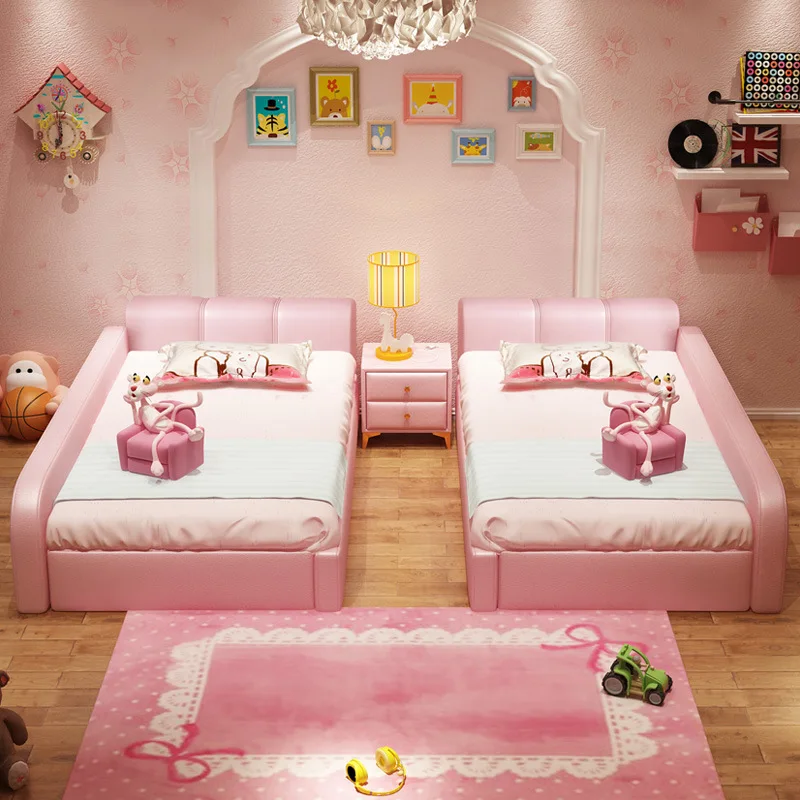 Children's Furniture Girl Princess Sisters second parent-child bed combination bed splicing master bedroom leather bed guardrail