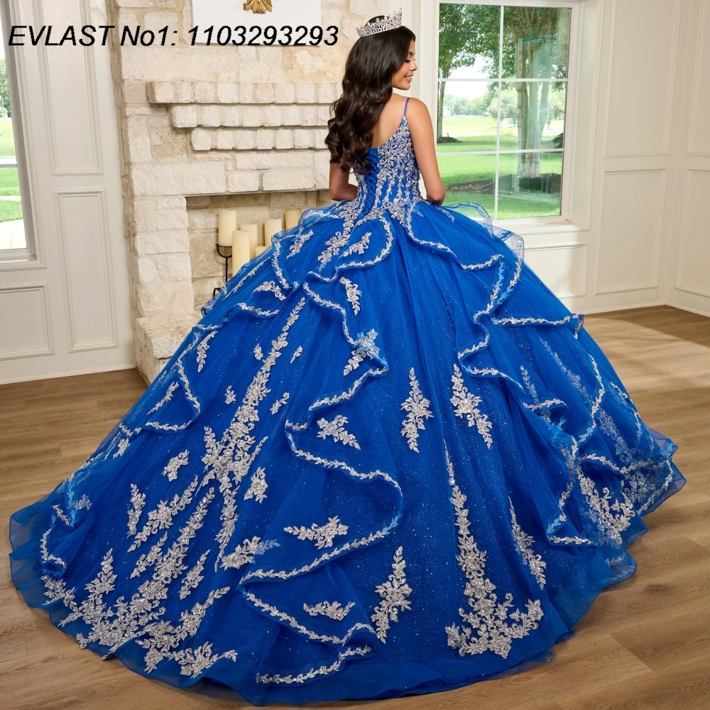 EVLAST Customized Royal Blue Quinceanera Dress Ball Gown Silver Lace Applique Beading Bow Sweet 16 Vestido De 15 Anos E1Q196