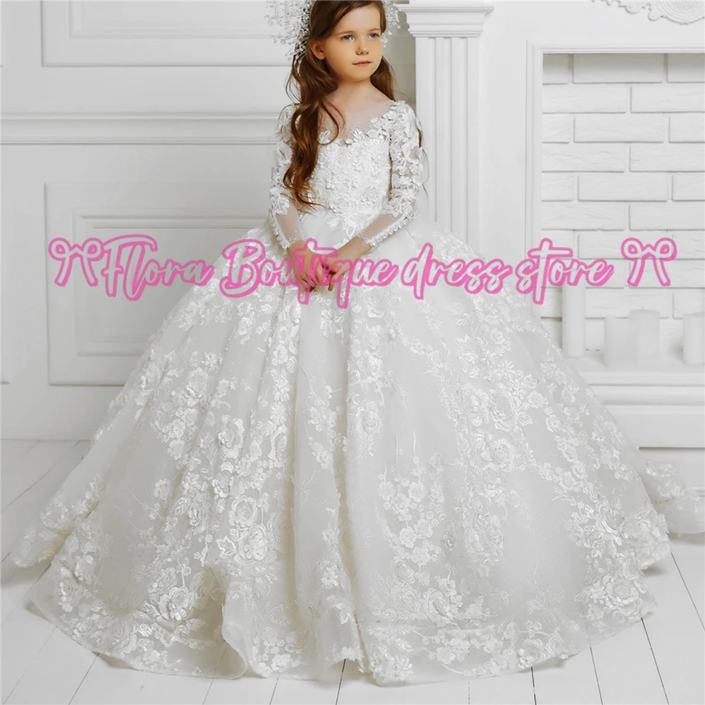 어린이를위한 리본이 달린 꽃의 소녀 드레스 긴 소매 결혼식 파티 공주 드레스 첫 성찬식 공식 쉬폰 볼 가운