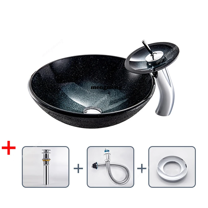Black star sky gradient Bathroom Washbasin Countertop Tempered Glass Basin Brass Faucet Set Brass Waterfall Faucet washbasin set