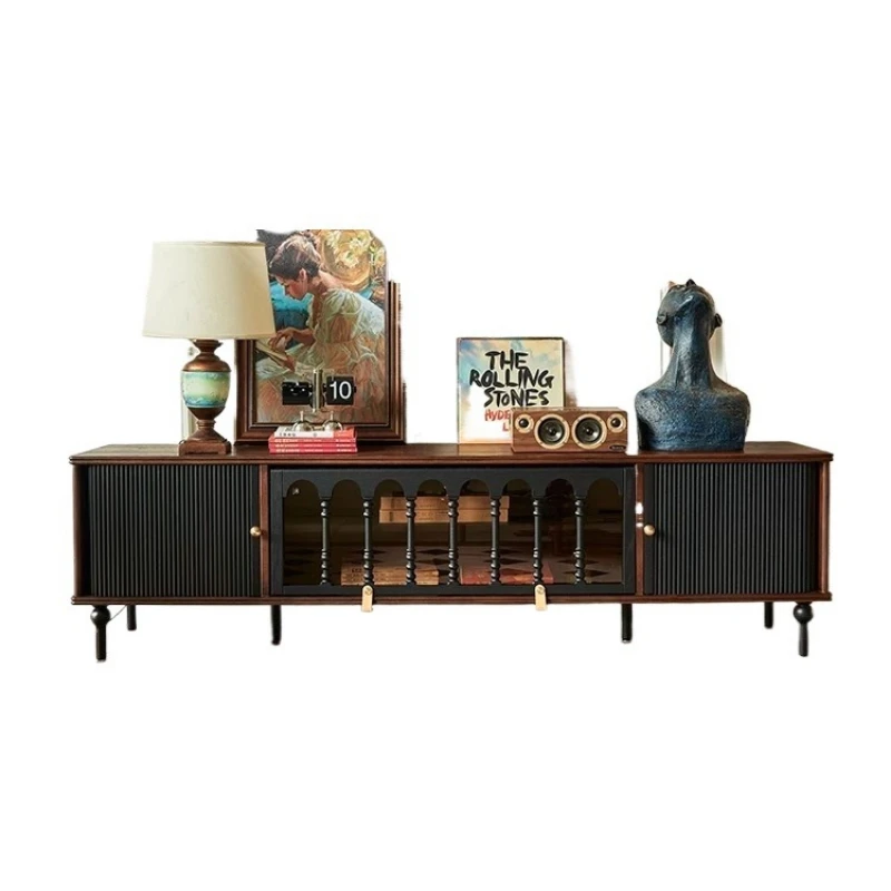 

Medieval TV cabinet coffee table combination small apartment living room, black solid wood retro locker