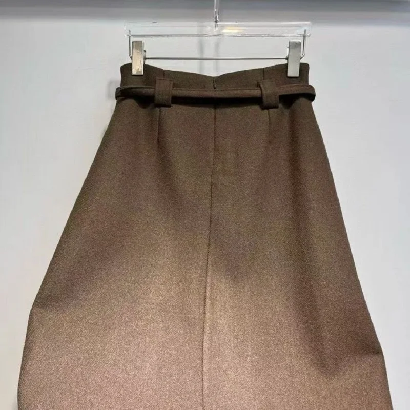 Gonne lunghe di nuovo arrivo 2025 Moda invernale Donna Cintura Patchwork Casual Party Lungo Maxi Khaki Grigio Nero Gonne a pieghe di lana