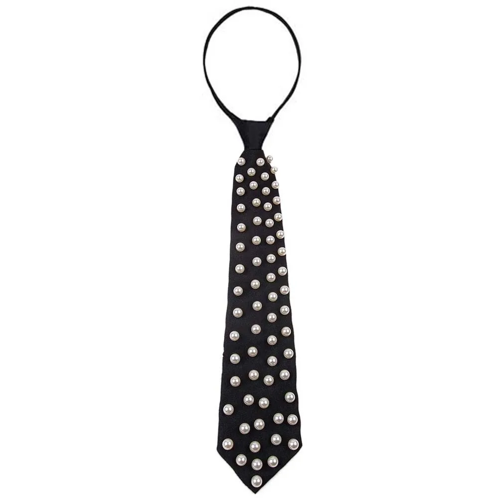 Elegant Korean Style Pearls Tie Tassels Black Hand-beaded Long Necktie Necklace Choker Decoration Shirt Tie