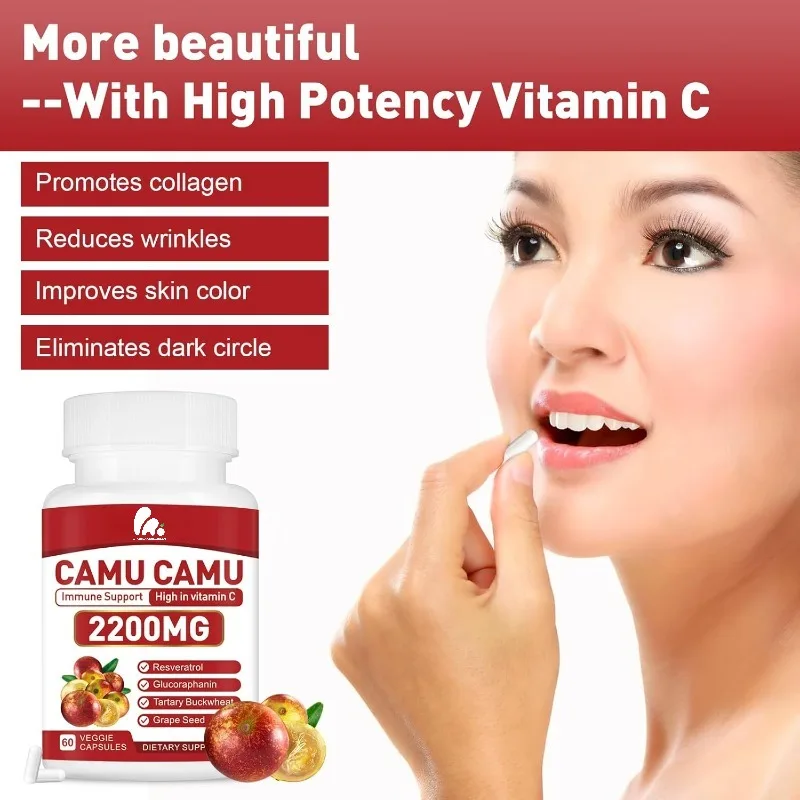 Cápsulas de camu orgánico de 1200 mg, vitamina C natural, soporte del sistema inmunológico y antienvejecimiento, vegetariano-60 cápsulas de gel blando