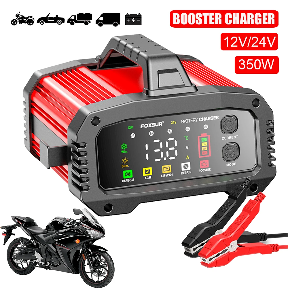

350W 24V 12V Motorcycle Battery Chargers Booster Charging Device Smart Pulse Repair Storage Cell RV Car Battery Charger Digital